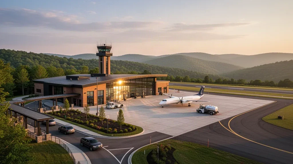 Terminal et tarmac de l'aéroport régional de Bradford à l'heure dorée, avec un turbopropulseur régional et les lumières chaudes de la piste parmi les collines boisées de Pennsylvanie