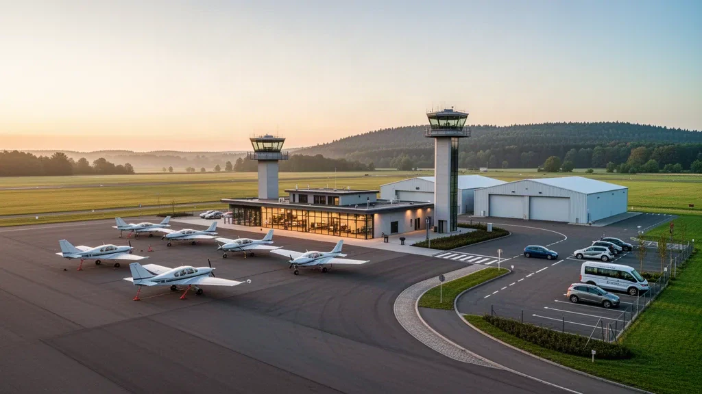 Small regional airfield near Bielefeld with light aircraft on the apron, hangars, glass operations building and low control tower at golden hour