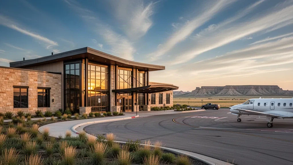 Modern glass terminal and drop-off lane at Western Nebraska Regional Airport in Scottsbluff at golden hour