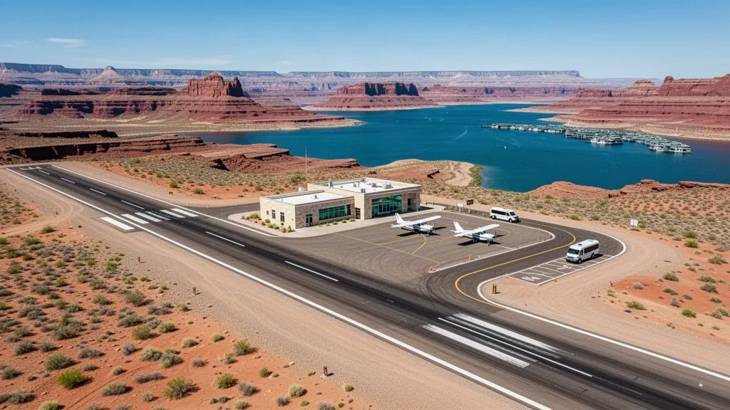 Pista di atterraggio remota nel deserto all'aeroporto di Bullfrog Basin vicino al Lago Powell, Utah, incorniciata da mesa di arenaria rossa sotto un cielo azzurro limpido.