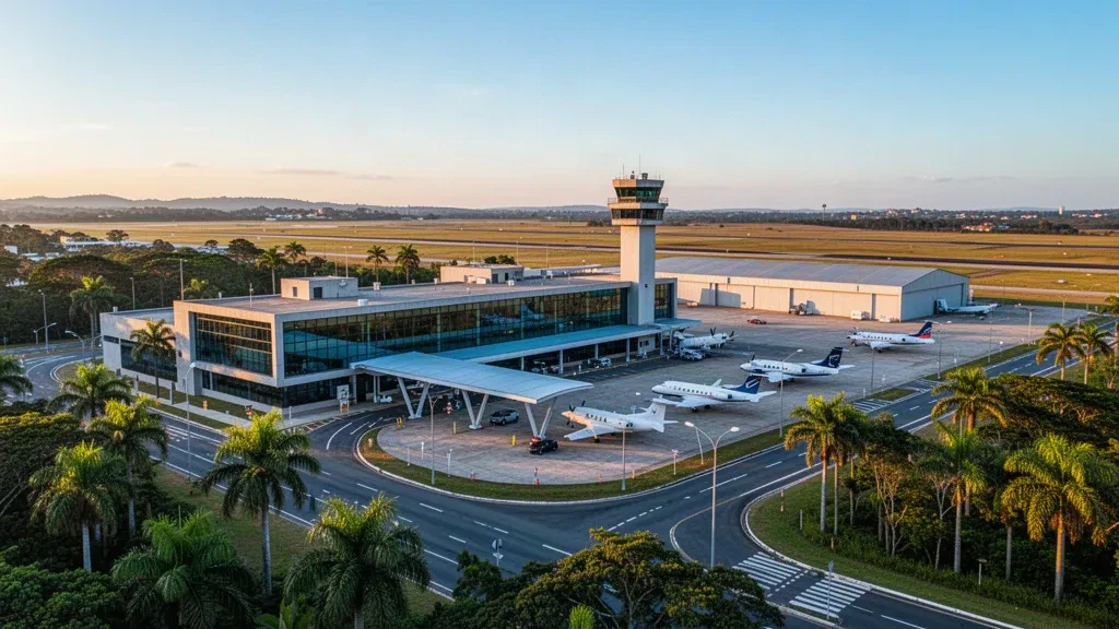 Esterno moderno del terminal dell'Aeroporto di Bacacheri a Curitiba, Brasile, con jet aziendali sul piazzale sotto una luce pomeridiana soffusa.