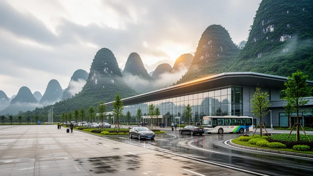 Terminal moderna de vidrio y carril de descenso en el Aeropuerto Bijie Feixiong, enmarcados por montañas kársticas verdes y neblinosas en la meseta de Guizhou al amanecer