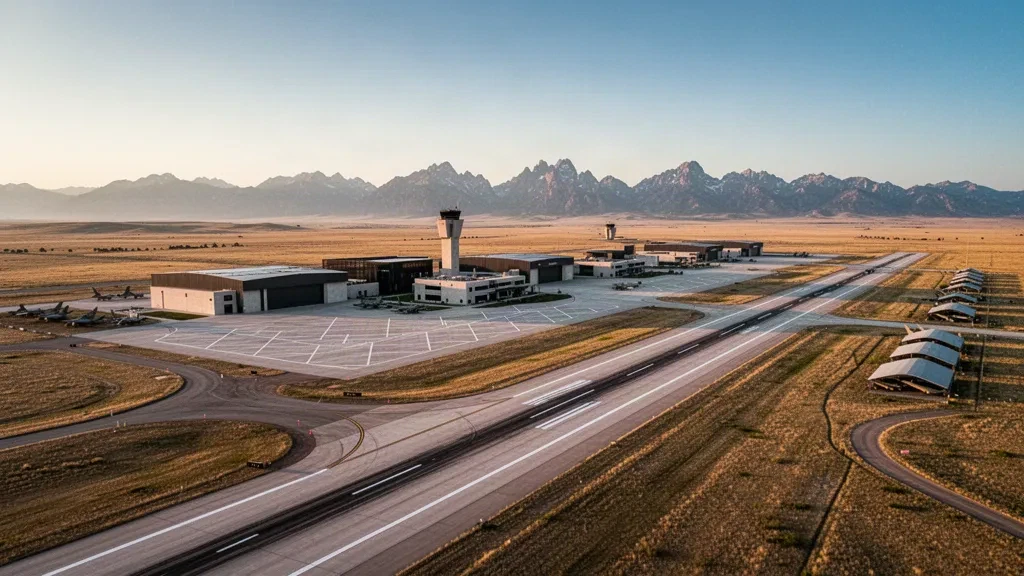 Aurora, Colorado yakınlarındaki Buckley Uzay Kuvvetleri Üssü havaalanı; pistler, hangarlar ve altın saatte Rocky Mountain ön sıradağları