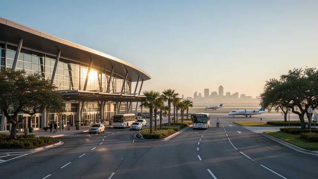 Mobile Downtown Havalimanı'nda modern cam terminal ve sıcak altın saat ışığında apron üzerindeki uçaklarla bırakma şeritleri