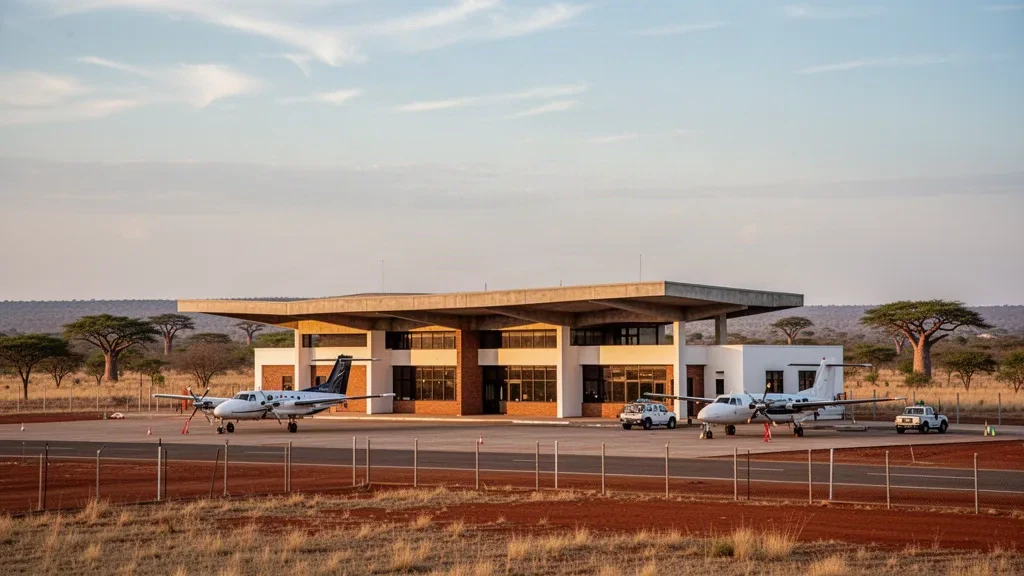 Terminal und Vorfeld des Buffalo Range Airport in Chiredzi, Simbabwe, zur goldenen Stunde, umgeben von trockener Lowveld-Savanne und Buschland.