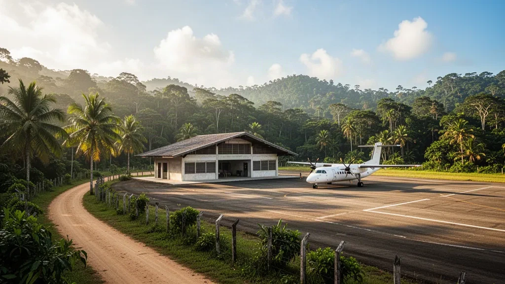 Remote tropical airstrip and small terminal at Bahía Piña Airport in Panama's Darién rainforest near the Pacific coast