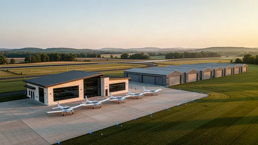 Golden-hour view of Virgil I. Grissom Municipal Airport in Bedford, Indiana, with its terminal, hangars and general aviation apron.