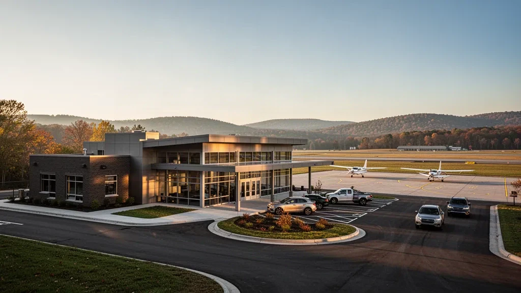 Piccolo terminal per aviazione generale e piazzale dell'aeroporto di Beaver County a Beaver Falls, Pennsylvania, illuminati dalla calda luce del tramonto