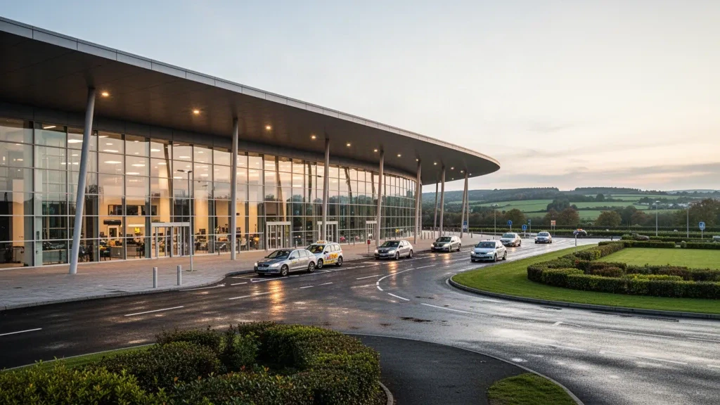 Modern glass terminal and drop-off lanes at Belfast International Airport under soft golden-hour light