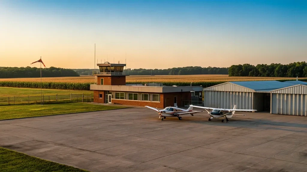 Single-engine planes parked outside the modest brick terminal and hangars of Virgil I. Grissom Municipal Airport in Bedford, Indiana