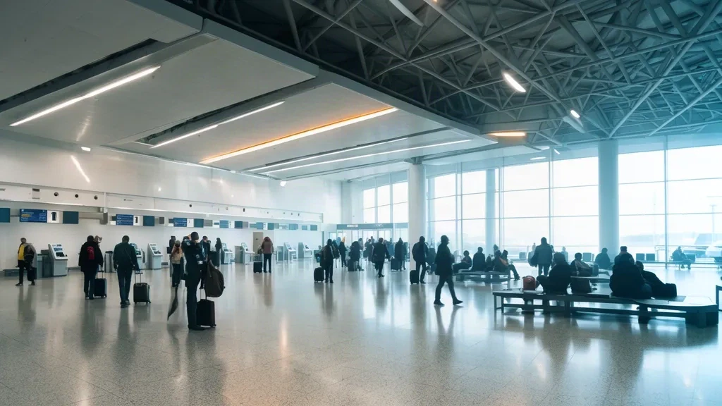 Modern terminal interior at Belfast International Airport with check-in desks, glazed façade and travellers in the departure hall
