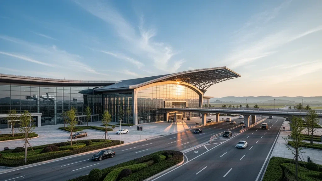 Exterior moderno de la terminal del Aeropuerto de Bengbu Renheji en Anhui con fachada de cristal y carriles de bajada a la hora dorada