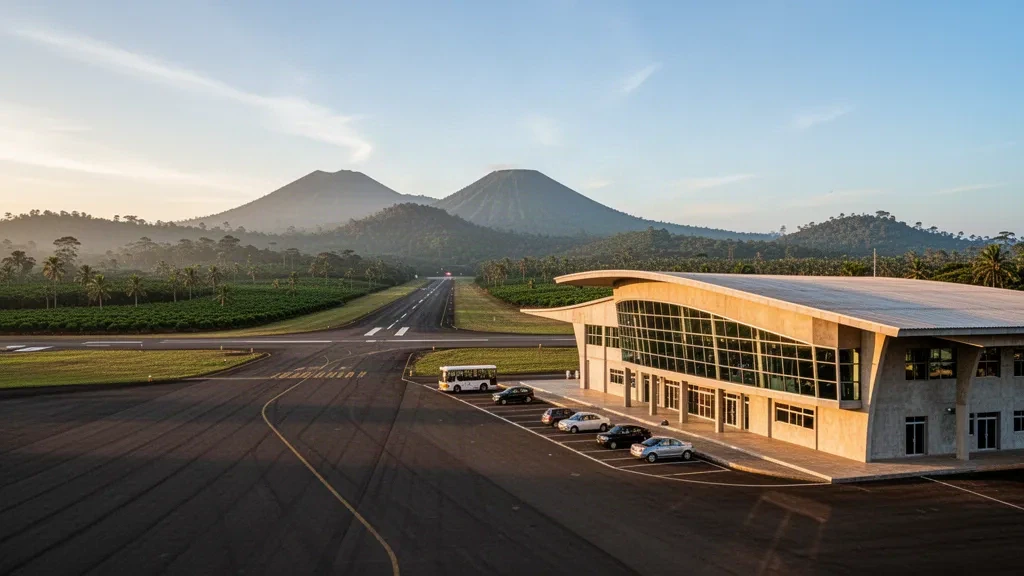 Modernes gläsernes Terminal und Abholspur am Flughafen Bafoussam BFX im grünen Hochland Kameruns bei warmem Licht zur goldenen Stunde