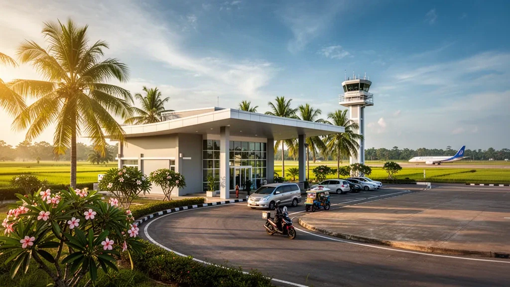 Terminal moderne de faible hauteur et voie de dépose bordée de palmiers à l'aéroport de Buri Ram en Thaïlande, sous un ciel tropical chaud