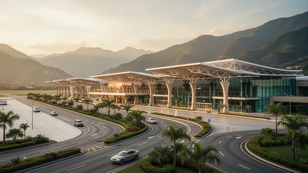 Modern glass terminal of Palonegro Airport near Bucaramanga at golden hour, framed by Andean mountain ridges