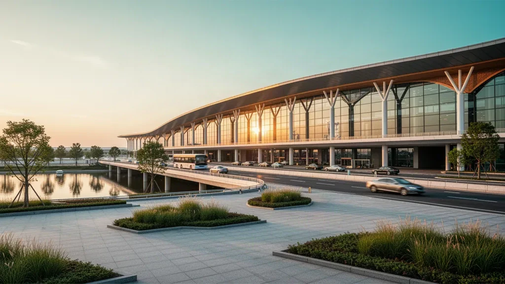 Exterior moderno de terminal de vidrio en el Aeropuerto de Bengbu Tenghu en Anhui, con techo curvo, carriles de descenso y cálida luz de hora dorada