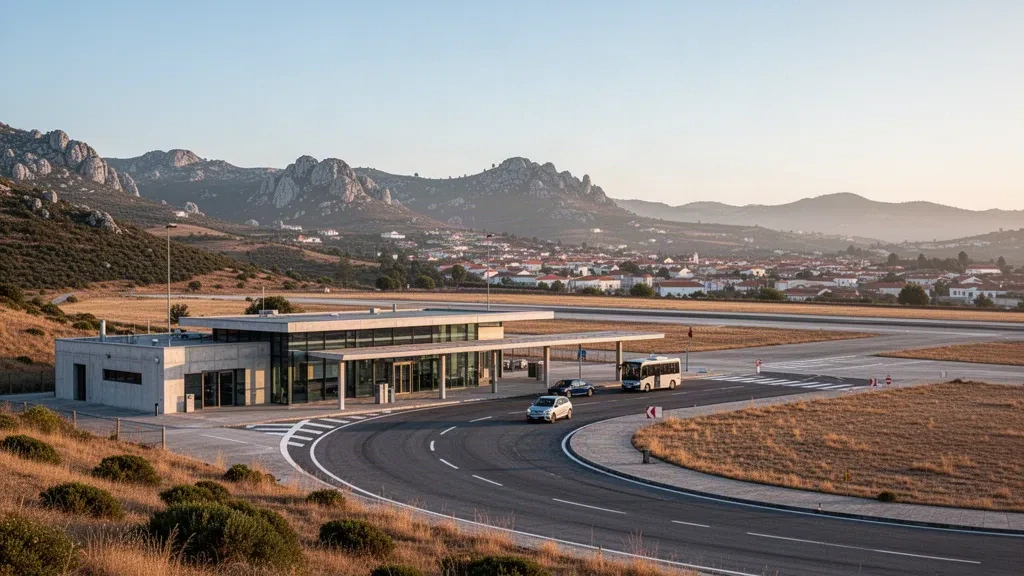 Pequeña terminal regional y pista vacía en el aeropuerto de Braganza, en Portugal, rodeada de colinas suaves con una cálida luz de hora dorada