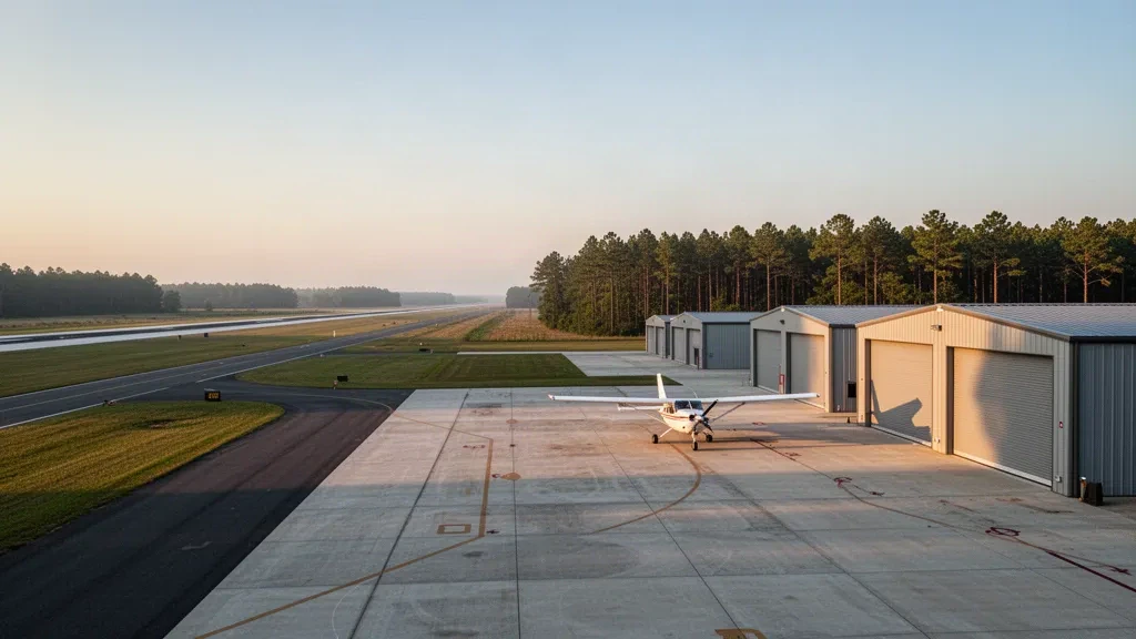 General aviation hangars, apron and taxiway at Decatur County Industrial Air Park near Bainbridge, Georgia