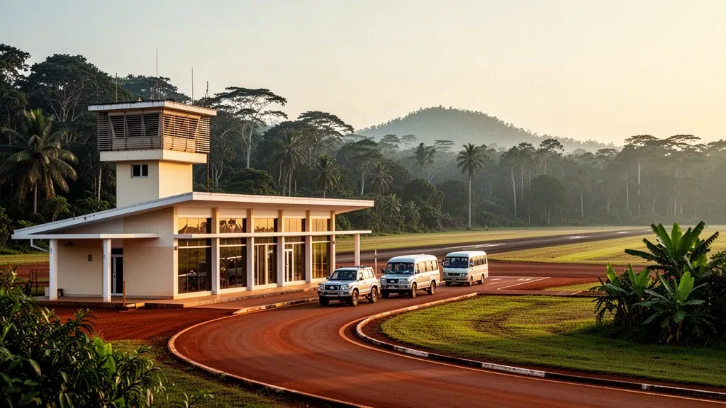 Gabon'daki Booué Havaalanı'nda sıcak öğleden sonra ışığında yoğun yağmur ormanlarıyla çevrili alçak tropikal terminal ve pist