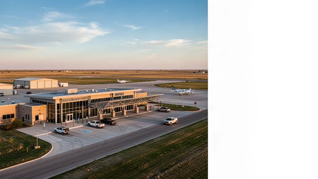 Modern terminal and apron at Hutchinson County Airport in Borger, Texas, glowing in golden-hour light across the Texas Panhandle.