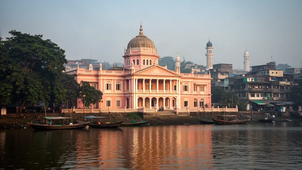 Il palazzo rosa Ahsan Manzil che risplende nell'ora d'oro lungo il lungofiume Buriganga a Old Dhaka, Bangladesh