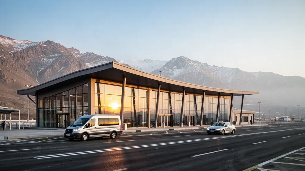 Modern glass terminal exterior at Bingöl Airport in eastern Turkey, with snow-dusted mountains and a clear drop-off lane at golden hour.