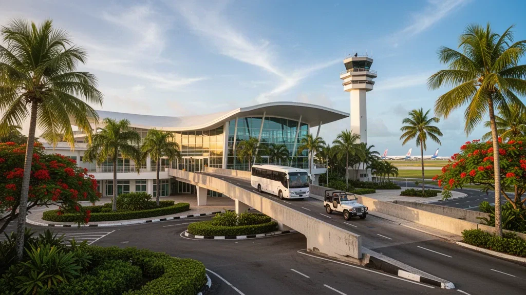 Exterior moderno de terminal con vidrio en el Aeropuerto Internacional Grantley Adams en Barbados, enmarcado por palmeras con la cálida luz del atardecer caribeño