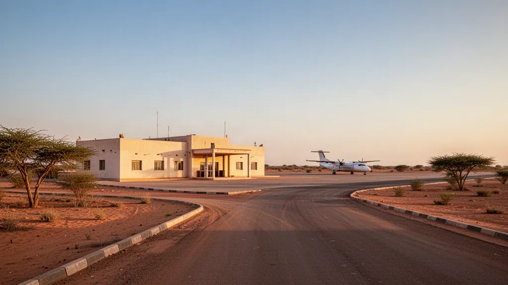 Boghé, Moritanya'daki Abbaye Havalimanı'nda alçak terminal binası ve tozlu apron, sıcak Sahel altın saati ışığı altında