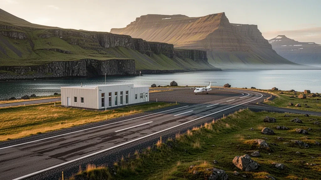 Pista remota del aeropuerto de Borgarfjörður eystri en el este de Islandia con una pequeña terminal, plataforma de grava y escarpadas montañas de fiordo en la hora dorada