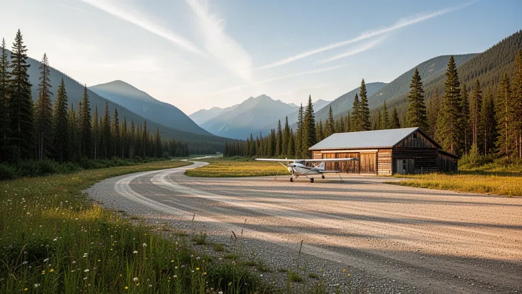 Piste en gravier isolée et vallée boisée à l'aéroport de Big Creek en Colombie-Britannique, Canada, sous la lumière dorée de fin d'après-midi