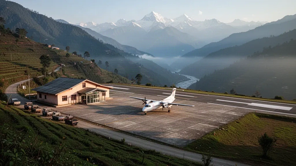Kleine Vorfeldfläche und Terminal eines Hügelflughafens, umgeben von terrassierten grünen Hügeln am Flughafen Baglung in Balewa, Nepal
