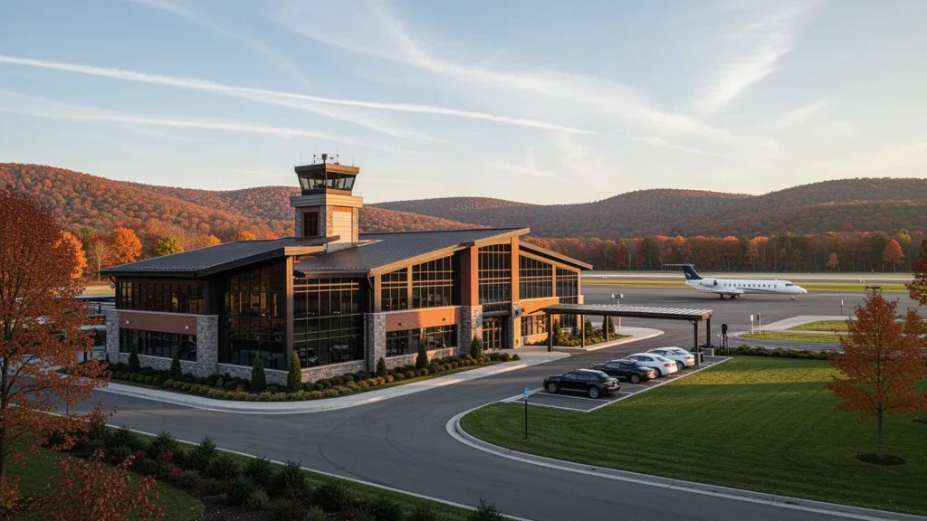 Exterior moderno de la terminal de un aeropuerto regional en el aeropuerto Greater Binghamton, en el norte del estado de Nueva York, rodeado de colinas otoñales durante la hora dorada.