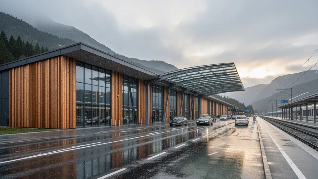 Modernes Terminal aus Holz und Glas am Flughafen Bergen Flesland in Norwegen mit nassen Straßen am Bordstein und Bergketten im Hintergrund
