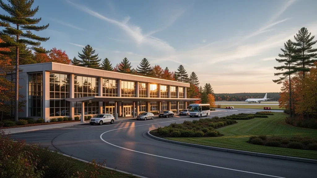 Terminal moderna de vidrio y carriles de descenso en la acera del Aeropuerto Internacional de Bangor en Maine a la hora dorada