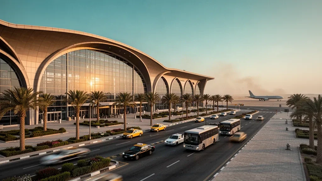 Modernes Terminal mit geschwungener Glasfassade und palmengesäumter Zufahrtsstraße am Flughafen Bagdad im warmen Licht der goldenen Stunde
