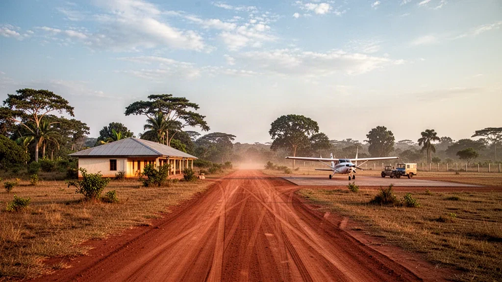 Small rural laterite runway, terminal building and tropical trees at Bangassou Airport in the Central African Republic under warm afternoon light.