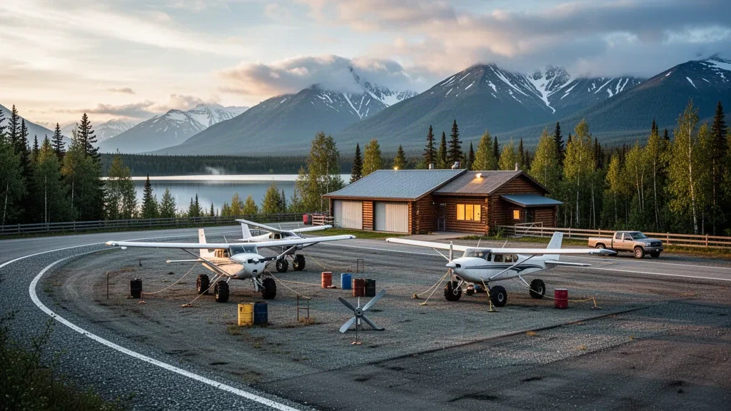 Alaska'daki Big Lake Havaalanı'nda çakıl apron üzerinde küçük çalı uçakları, altın saatte ladin ormanı ve karla kaplı dağlar.