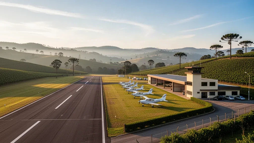 Small Serra Gaucha airfield in Bento Goncalves, Brazil, with a single runway, hangars and light aircraft at golden hour.
