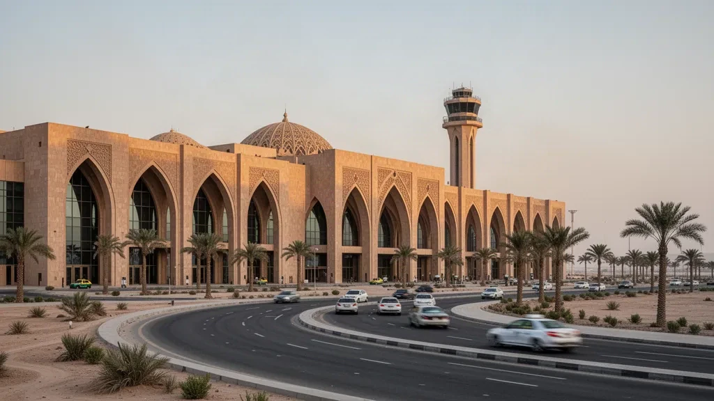 Modern arched terminal exterior at Baghdad International Airport with palm-lined access roads bathed in warm golden-hour desert light