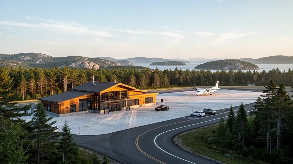 Modern terminal and apron at Hancock County-Bar Harbor Airport in Maine, framed by pine forest and coastal hills in warm golden-hour light.