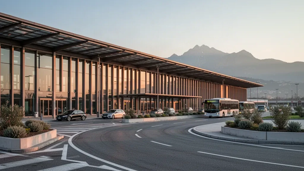 Moderne Glasfassade des Terminals am Flughafen Mailand Bergamo mit Vorfahrspuren und den Ausläufern der Alpen zur goldenen Stunde