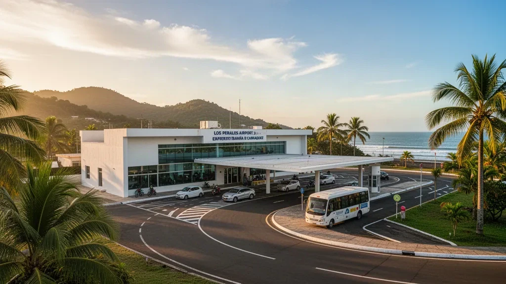 Terminal und Bringbereich des Flughafens Los Perales in Bahía de Caráquez, Ecuador, zur goldenen Stunde mit tropischer Küstenumgebung.