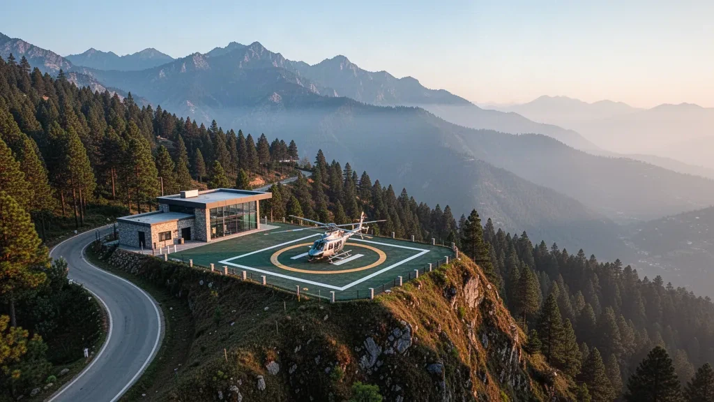 Bhurban Heliport in the pine-covered Murree Hills, Pakistan, with a light helicopter on the pad and mountain views at golden hour