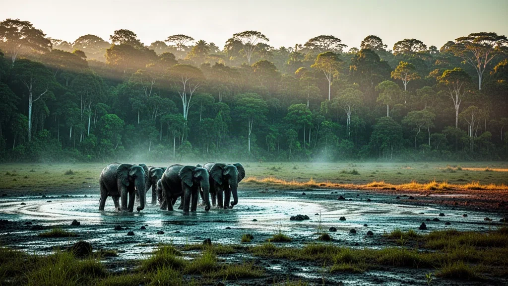 Waldelefanten waten im Morgengrauen durch die neblige Lichtung Dzanga Bai im Regenwald des Kongobeckens in der Zentralafrikanischen Republik