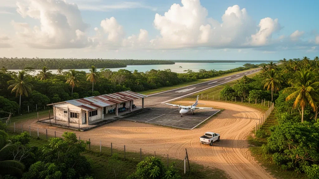Small tropical airstrip at Brus Laguna Airport in Honduras, with a light aircraft, palm trees and rainforest beside the lagoon