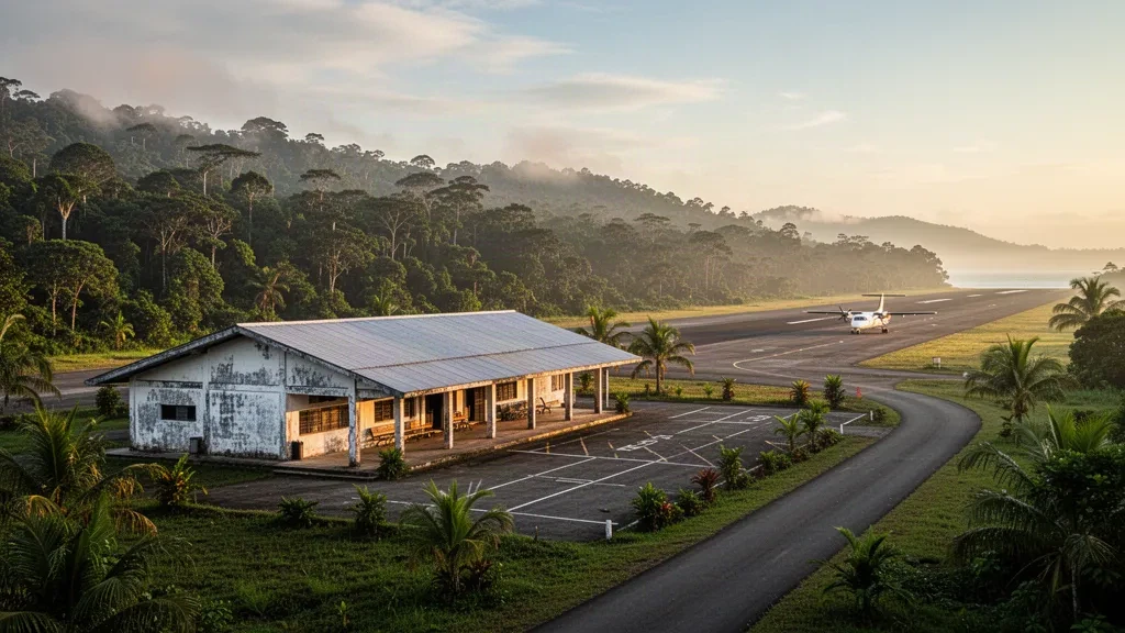 Tropical regional airfield terminal and rainforest-lined runway at Cupica Airport in Chocó, Colombia, at golden hour