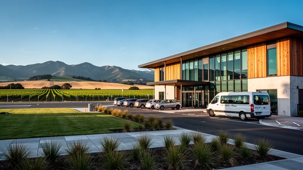 Moderner Terminal des Flughafens Woodbourne in Blenheim, Neuseeland, mit Vorfahrt im Außenbereich und Hügeln der Marlborough-Region zur goldenen Stunde