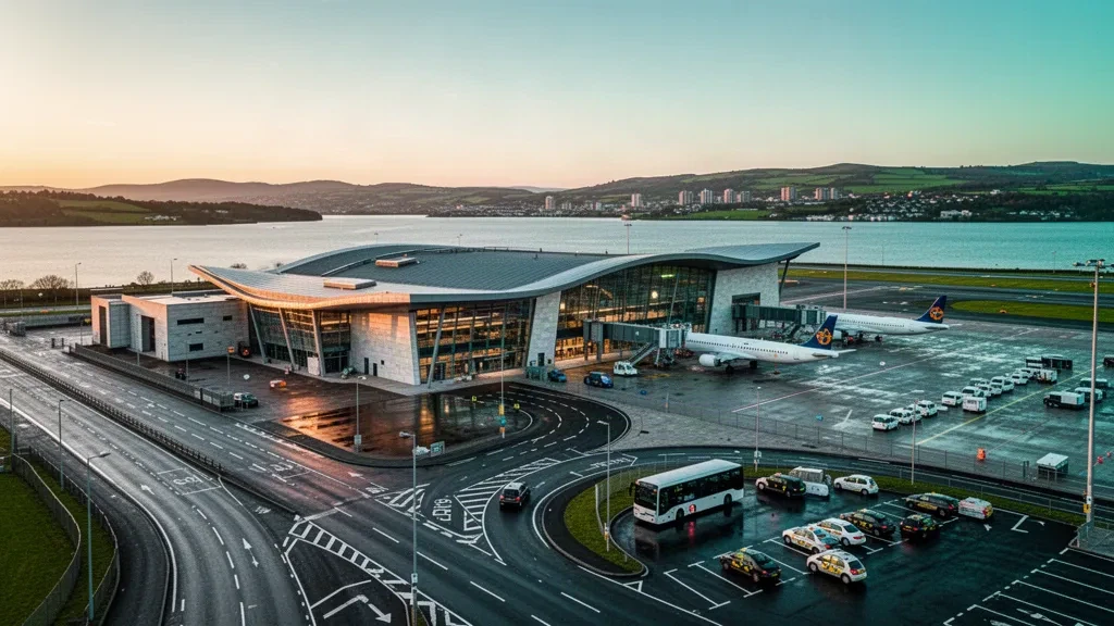 Moderno terminal in vetro e piazzale aeromobili presso l'aeroporto George Best Belfast City accanto al Belfast Lough durante l'ora d'oro