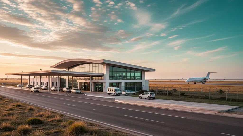 Terminal moderna de vidrio y carril de descenso en el Aeropuerto Comandante Espora en Bahía Blanca, Argentina, iluminados por la cálida luz de la hora dorada