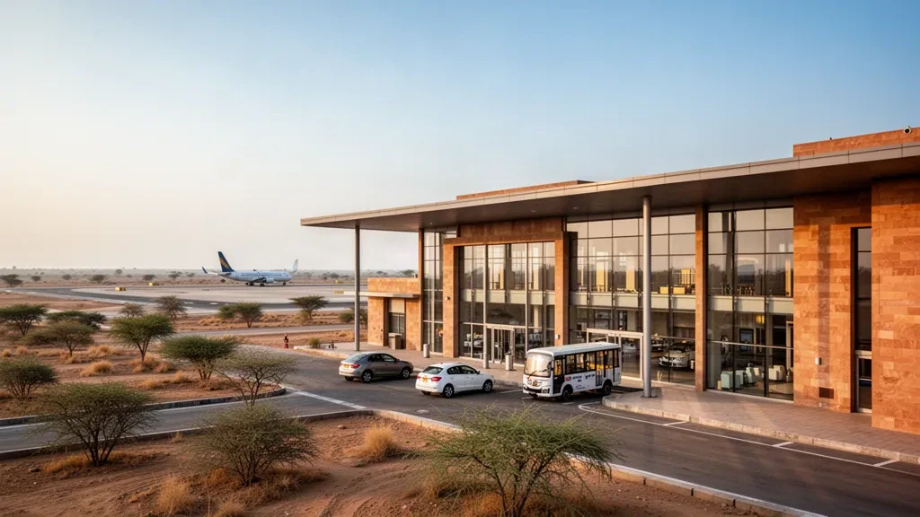 Exterior moderno de terminal de vidrio y piedra en el Aeropuerto de Bhuj, en Gujarat, con carril de embarque y desembarque en la acera, plataforma y cielo despejado del desierto